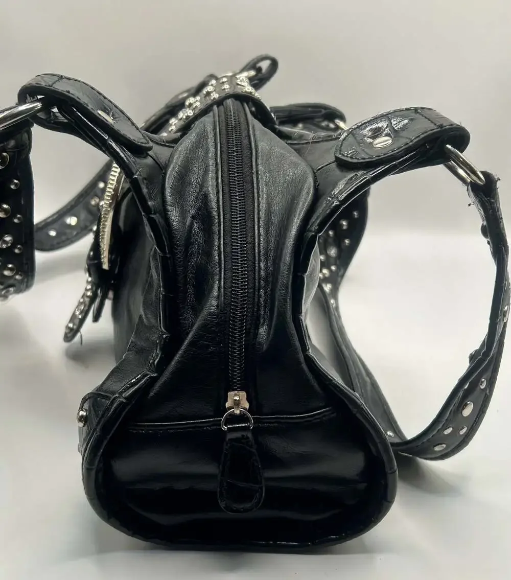 Y2K Black Faux Leather Rhinestone Buckle Studded Shoulder Bag
